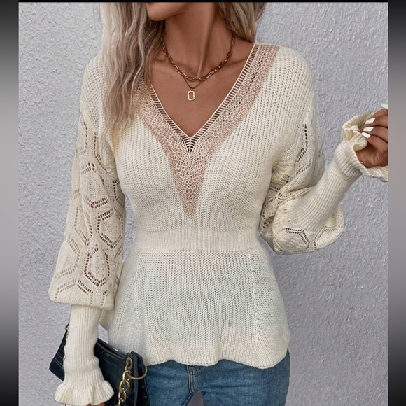 Sheer Mesh Lace Cuff Long Sleeve V -Neck Sweater Top - Picture 4 of 16